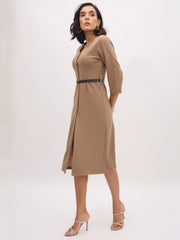 Women Beige Sweetheart Neck Midi Dress With PU Belt-SFDRSS13144