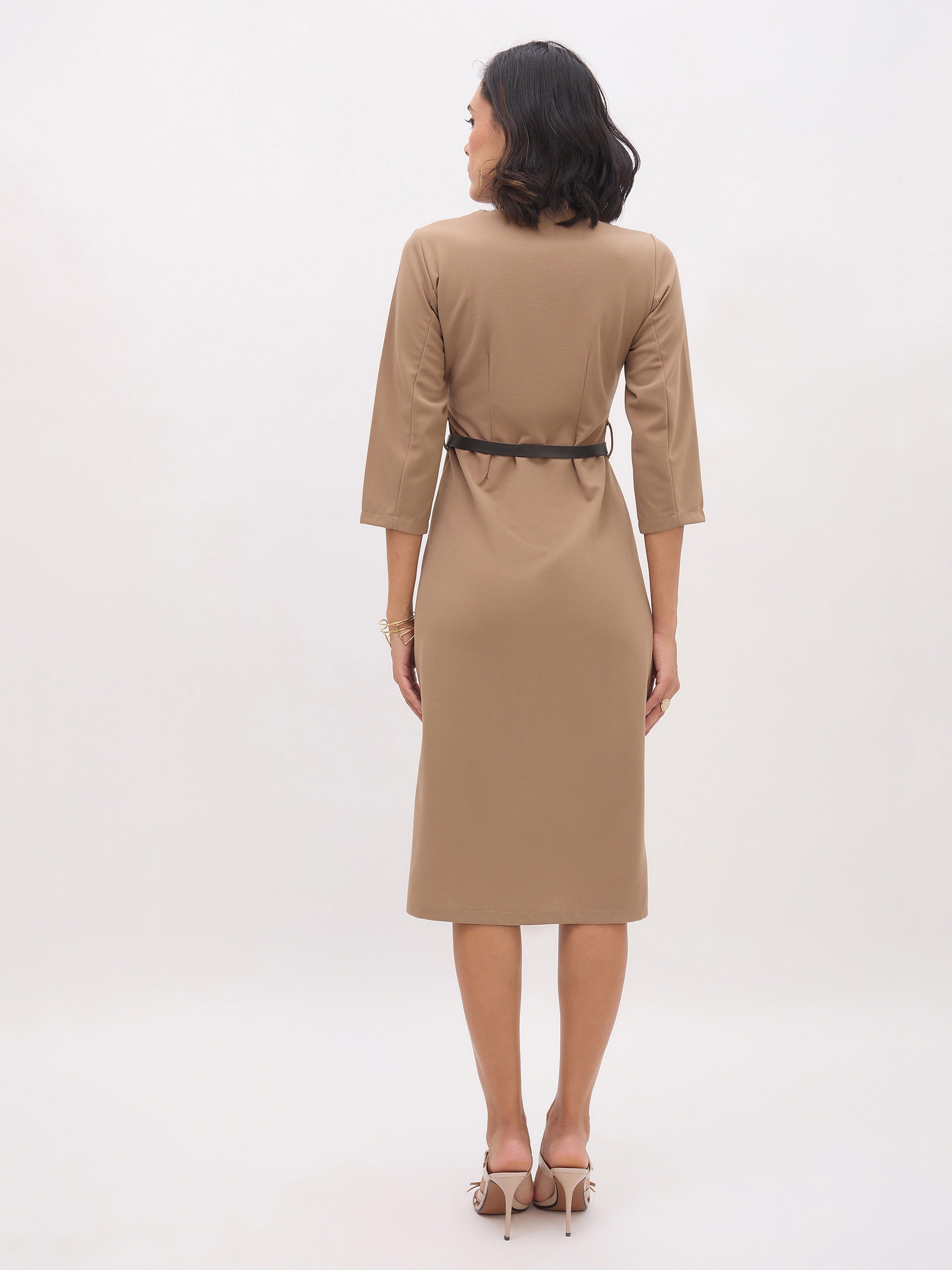 Women Beige Sweetheart Neck Midi Dress With PU Belt-SFDRSS13144