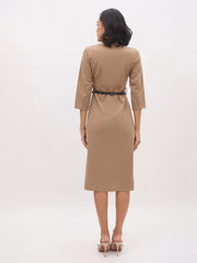 Women Beige Sweetheart Neck Midi Dress With PU Belt-SFDRSS13144
