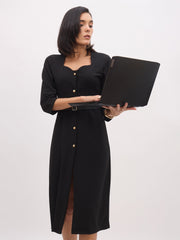 Women Black Sweetheart Neck Midi Dress With PU Belt-SFDRSS13146