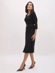 Women Black Sweetheart Neck Midi Dress With PU Belt-SFDRSS13146