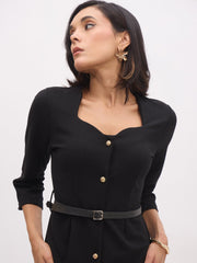 Women Black Sweetheart Neck Midi Dress With PU Belt-SFDRSS13146