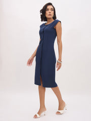 Women Blue Round Neck Button Midi Dress-SFDRSS13147