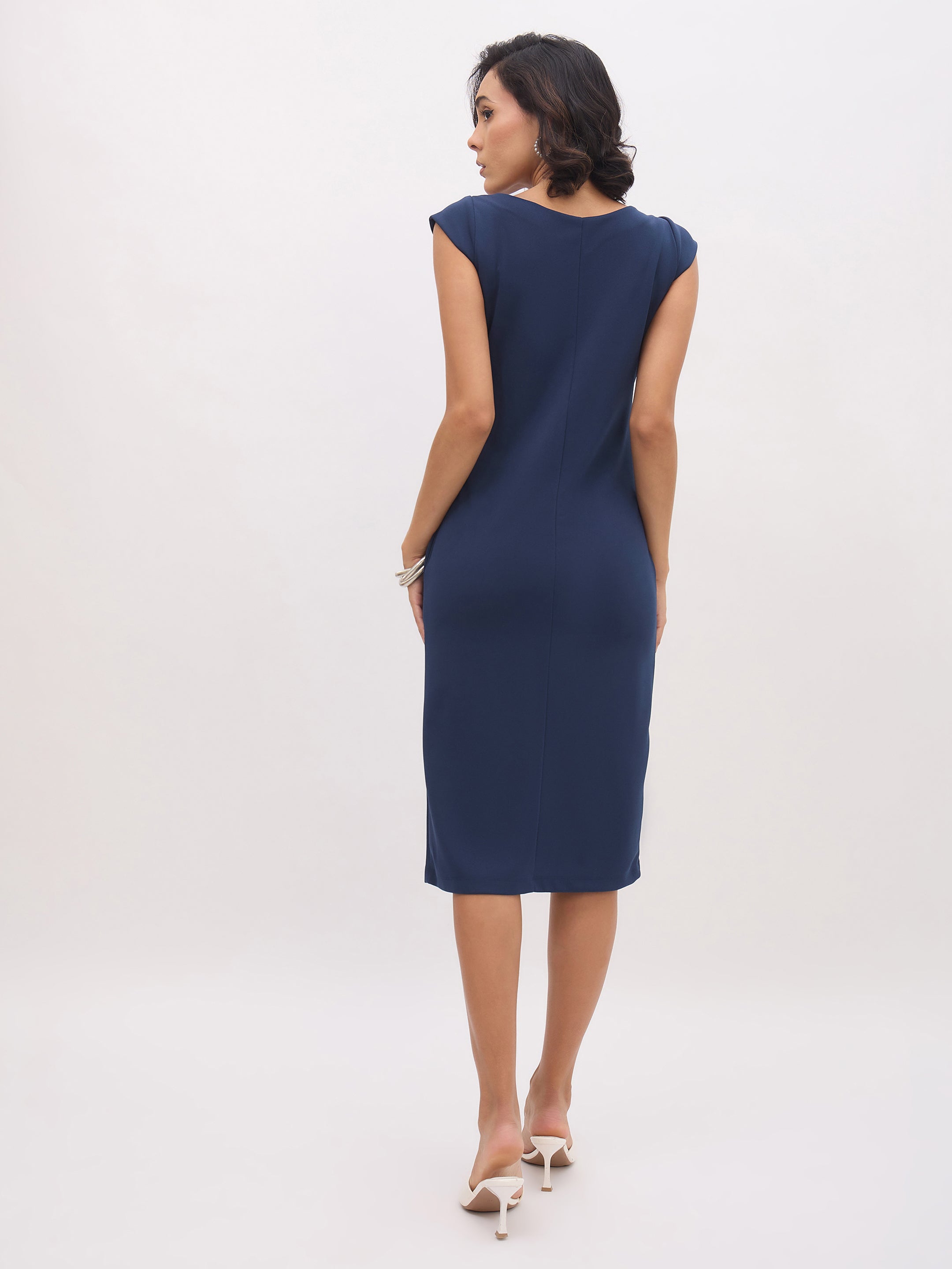 Women Blue Round Neck Button Midi Dress-SFDRSS13147