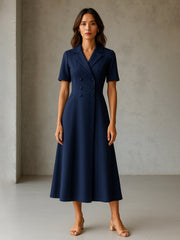 Women Blue Notch Collar Button Midi Dress-SFDRSS13149