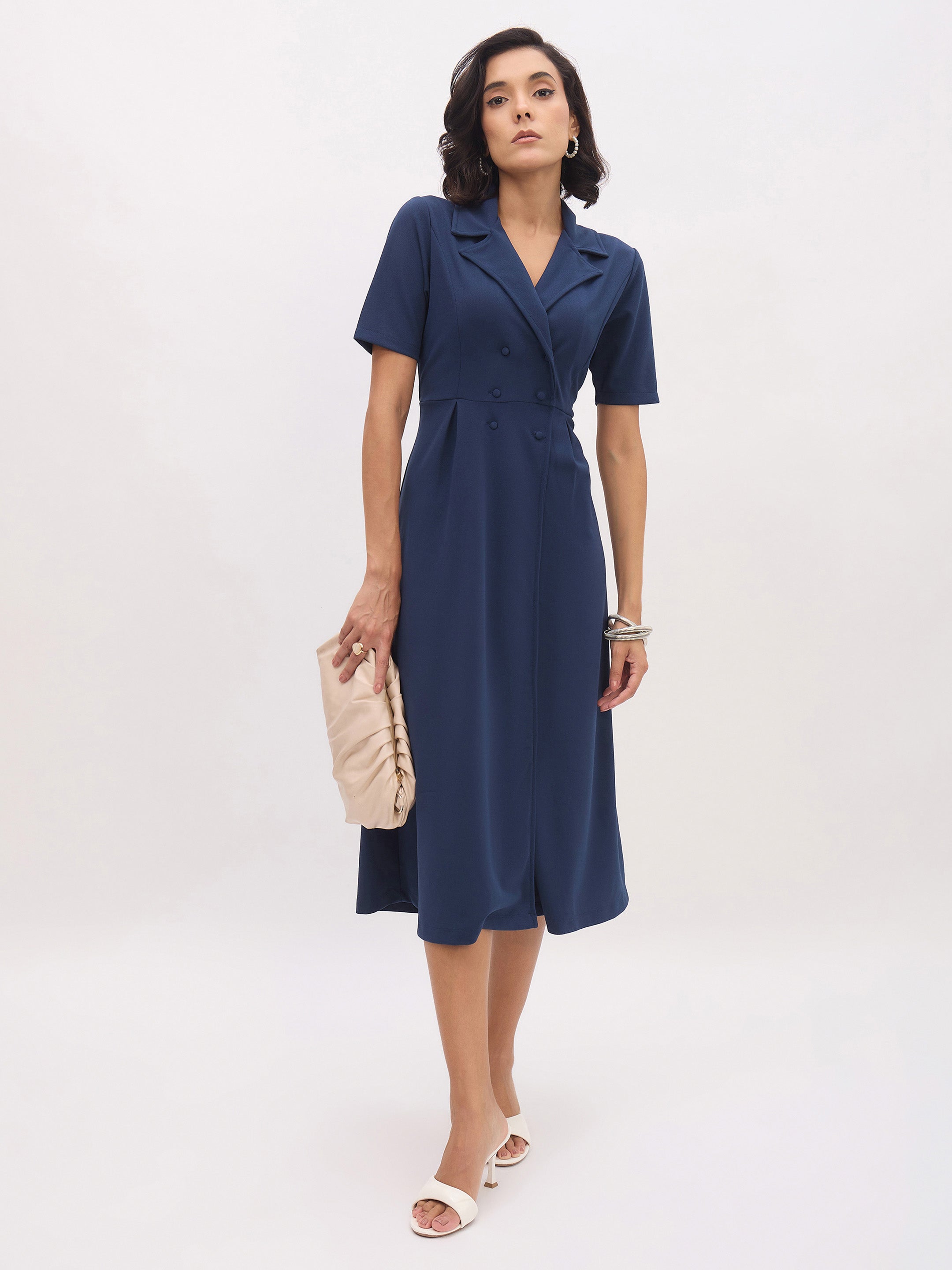 Women Blue Notch Collar Button Midi Dress-SFDRSS13149
