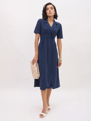 Women Blue Notch Collar Button Midi Dress-SFDRSS13149
