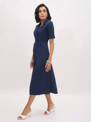 Women Blue Notch Collar Button Midi Dress-SFDRSS13149