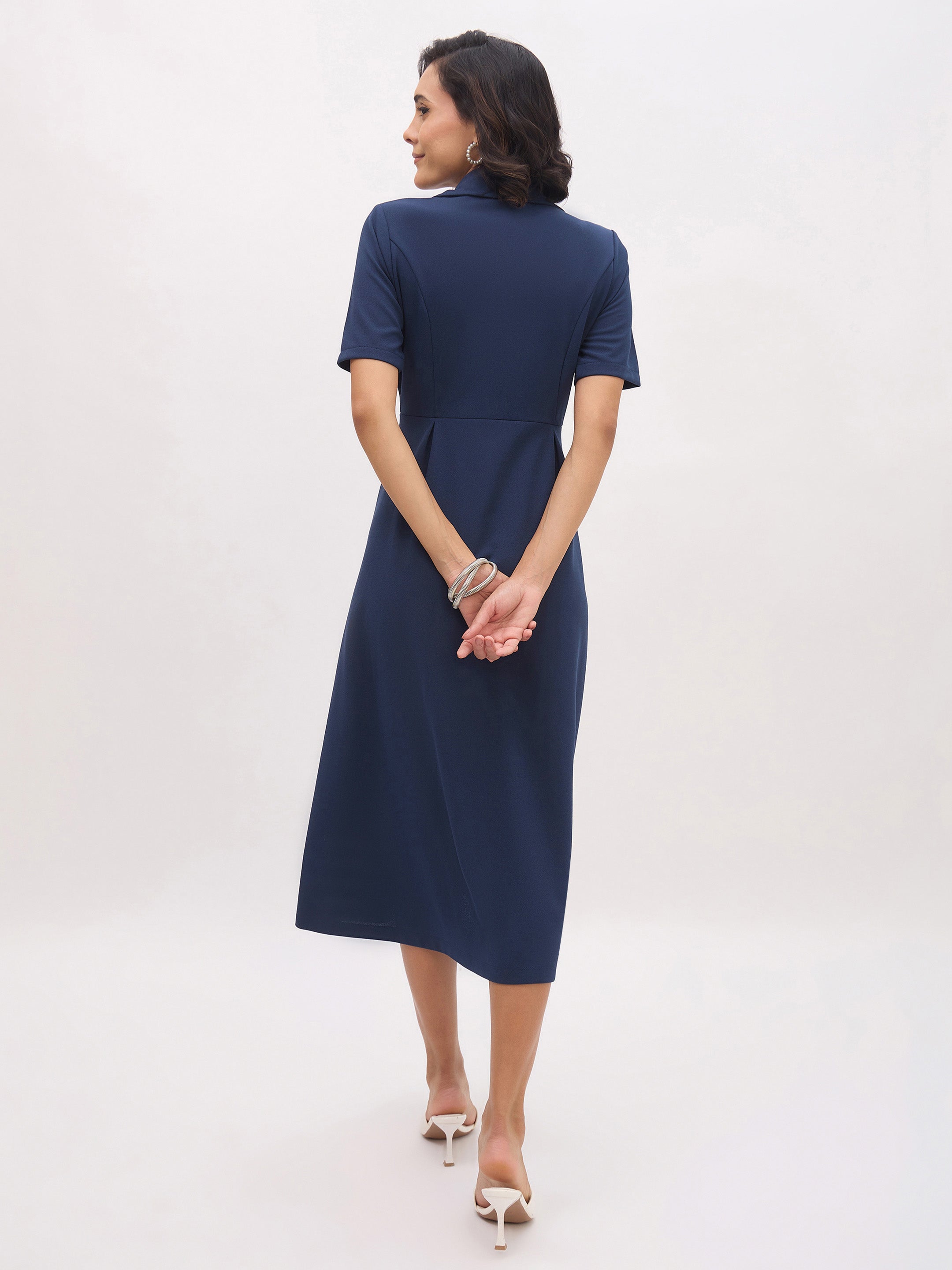 Women Blue Notch Collar Button Midi Dress-SFDRSS13149
