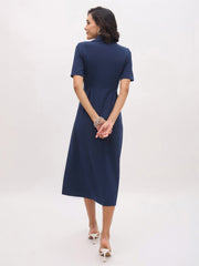 Women Blue Notch Collar Button Midi Dress-SFDRSS13149