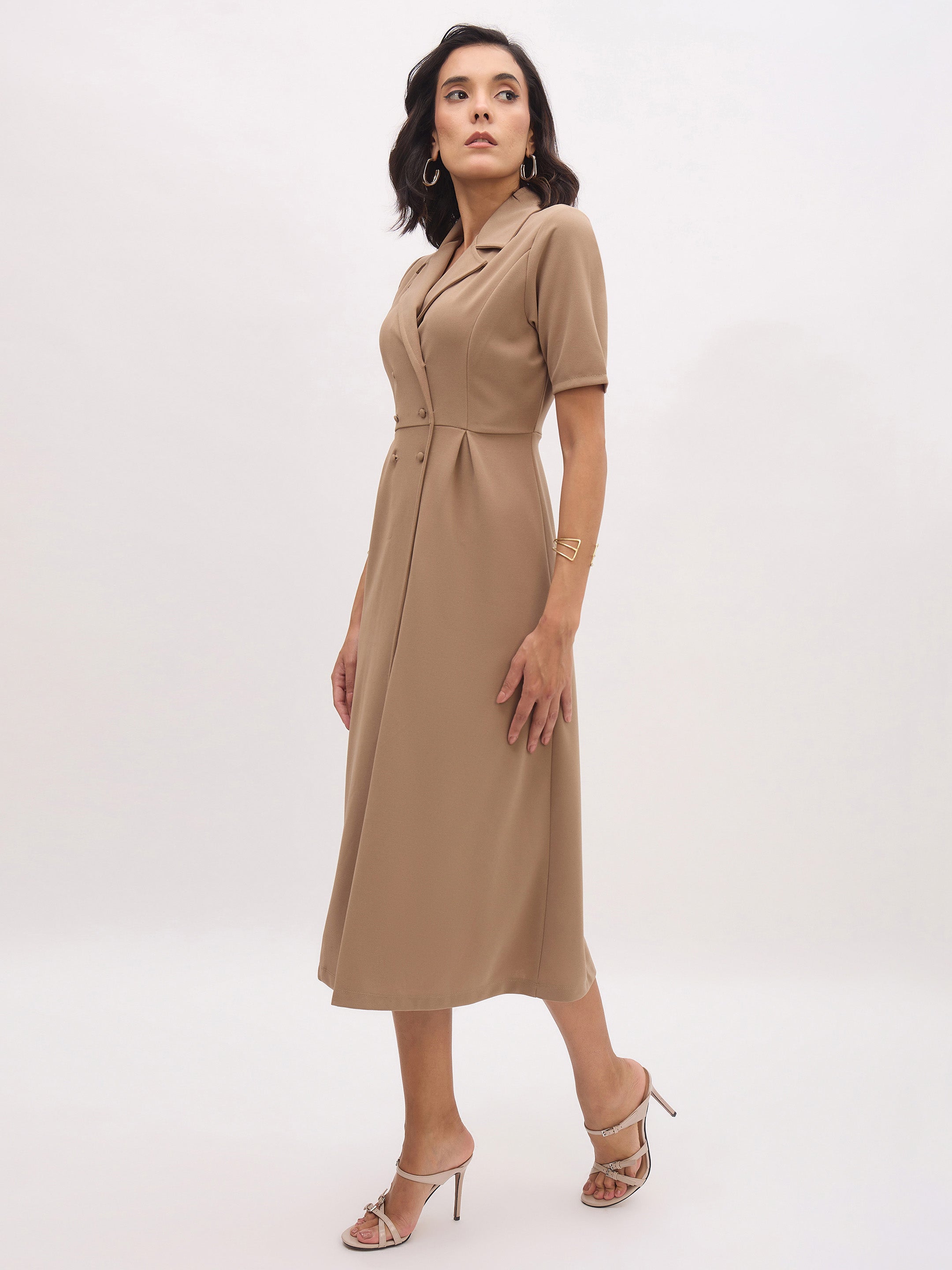 Women Beige Notch Collar Button Midi Dress-SFDRSS13150