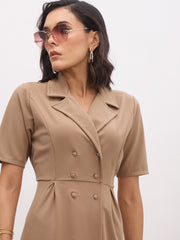 Women Beige Notch Collar Button Midi Dress-SFDRSS13150