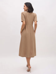 Women Beige Notch Collar Button Midi Dress-SFDRSS13150