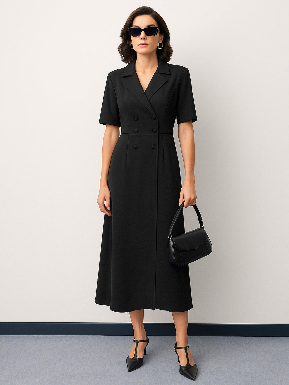 Women Black Notch Collar Button Midi Dress-SFDRSS13151