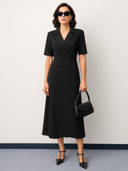 Women Black Notch Collar Button Midi Dress-SFDRSS13151