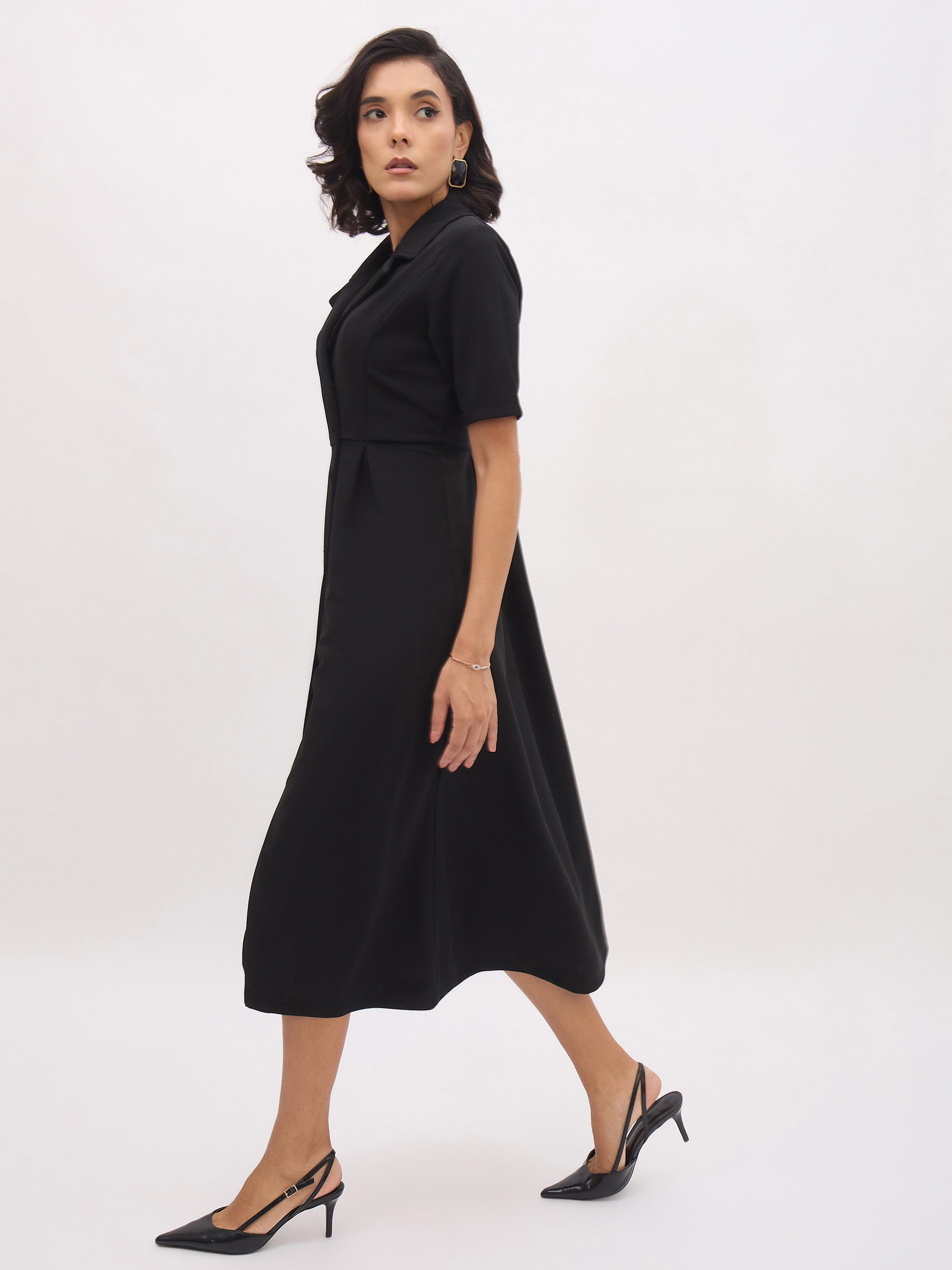 Women Black Notch Collar Button Midi Dress-SFDRSS13151