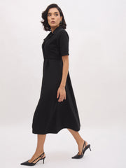 Women Black Notch Collar Button Midi Dress-SFDRSS13151