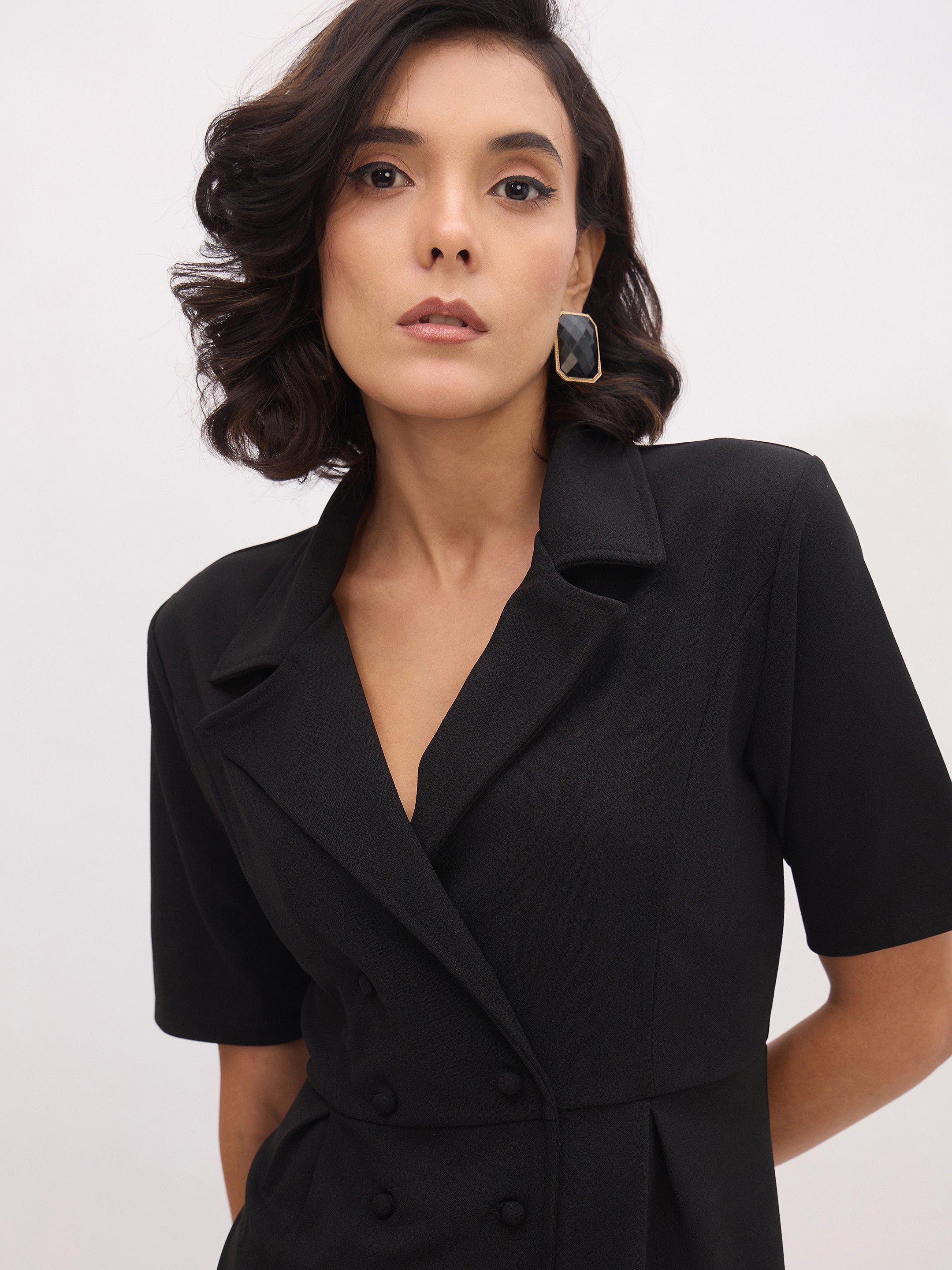 Women Black Notch Collar Button Midi Dress-SFDRSS13151