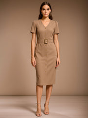 Women Beige V Neck Button Belt Midi dress-SFDRSS13152