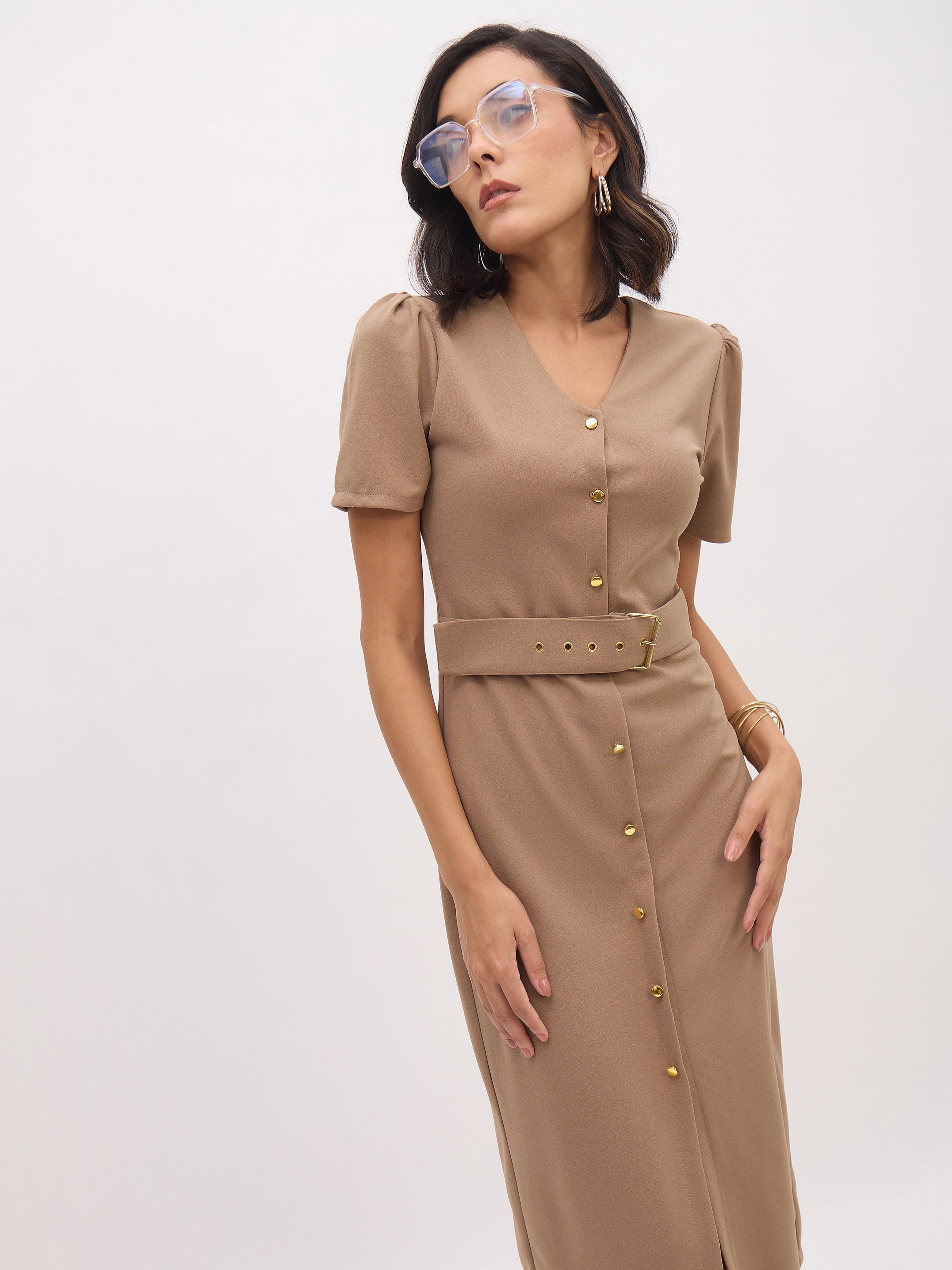 Women Beige V Neck Button Belt Midi dress-SFDRSS13152