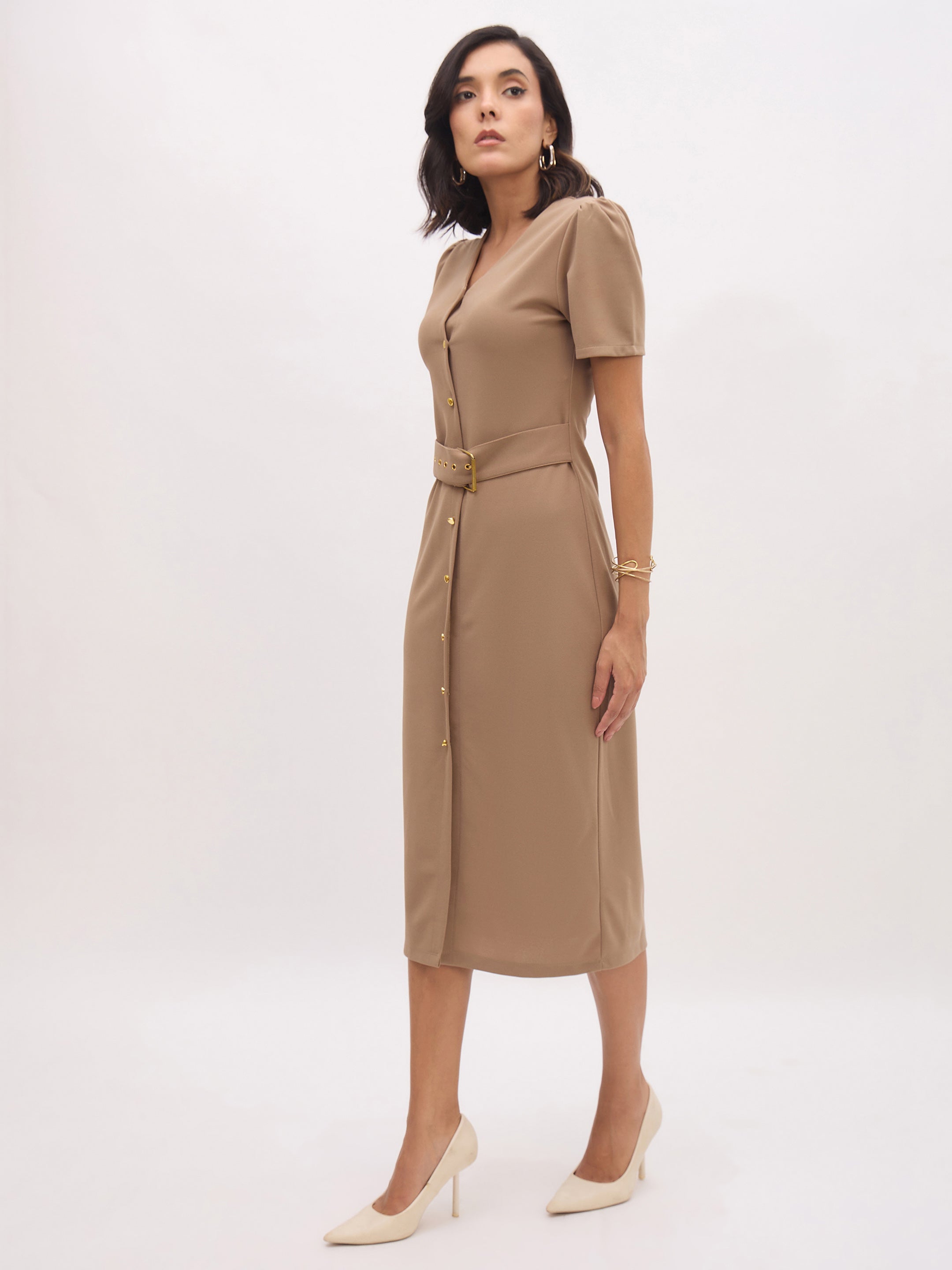 Women Beige V Neck Button Belt Midi dress-SFDRSS13152