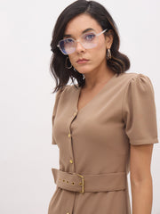 Women Beige V Neck Button Belt Midi dress-SFDRSS13152