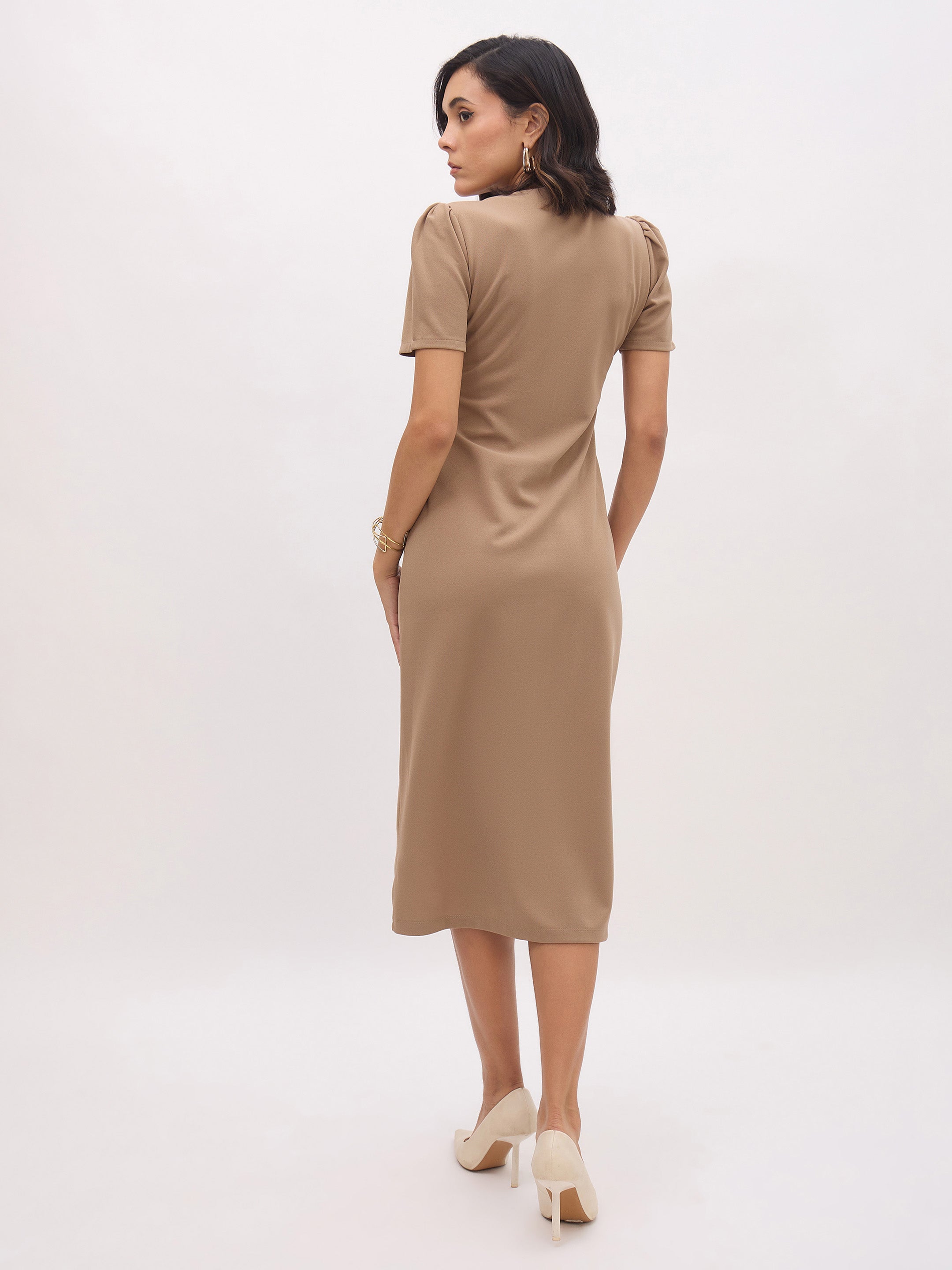 Women Beige V Neck Button Belt Midi dress-SFDRSS13152