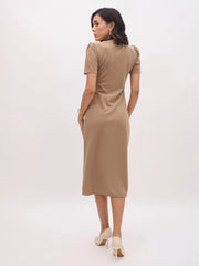 Women Beige V Neck Button Belt Midi dress-SFDRSS13152