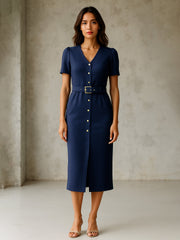 Women Blue V Neck Button Belt Midi dress-SFDRSS13153
