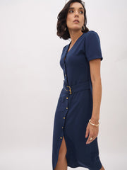 Women Blue V Neck Button Belt Midi dress-SFDRSS13153