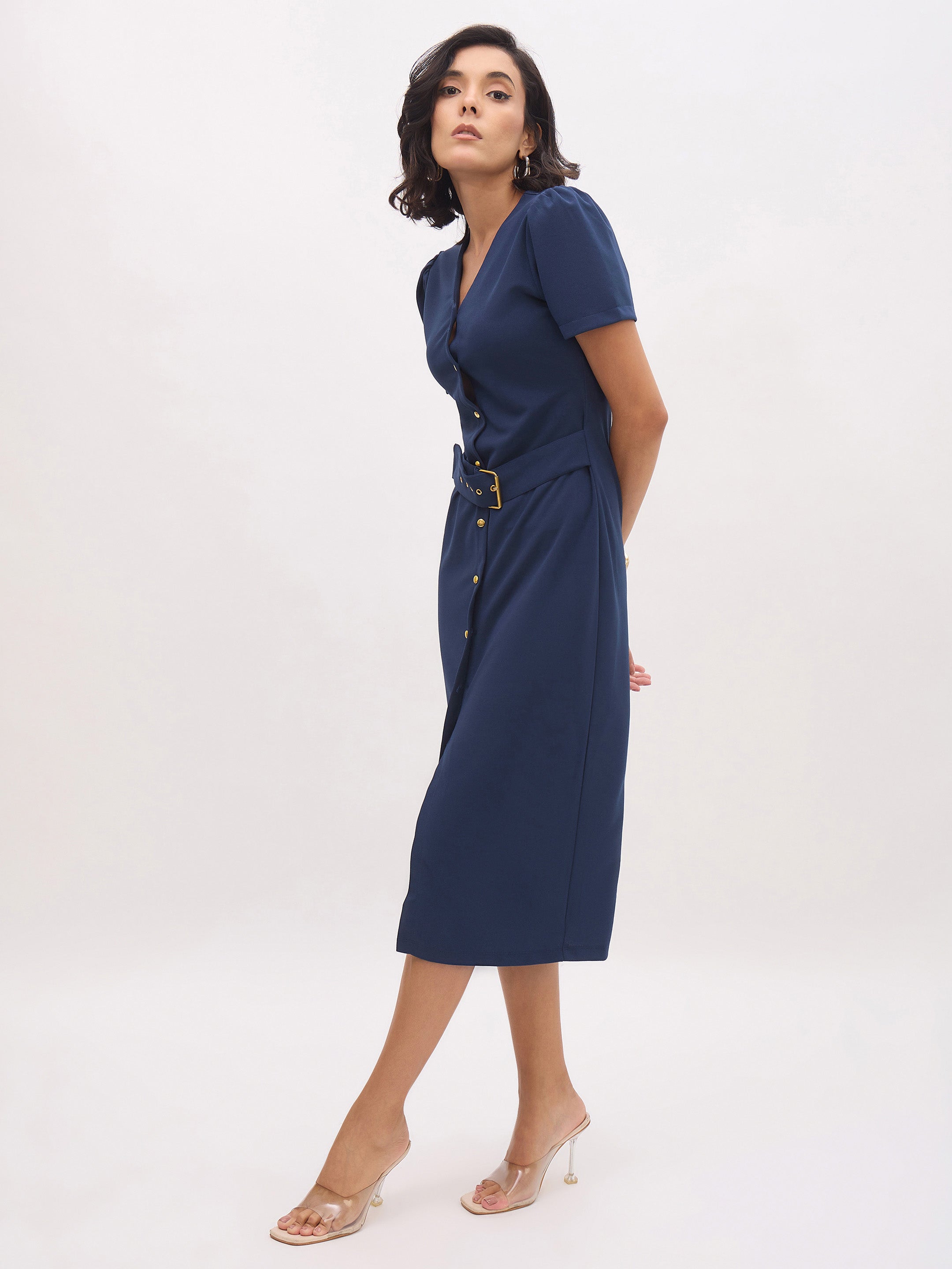 Women Blue V Neck Button Belt Midi dress-SFDRSS13153