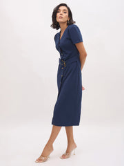 Women Blue V Neck Button Belt Midi dress-SFDRSS13153