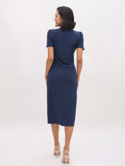 Women Blue V Neck Button Belt Midi dress-SFDRSS13153