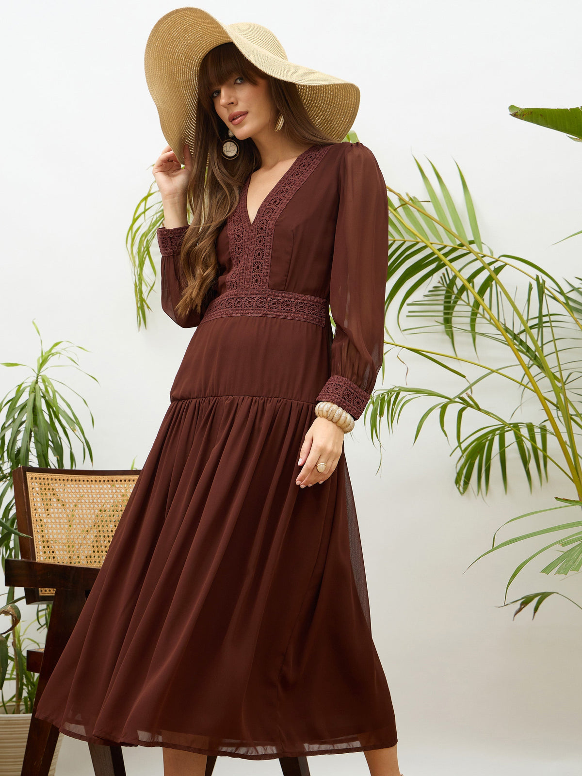 Women Dark Brown V-Neck Lace Detail Maxi Dress-SFDRSS13175