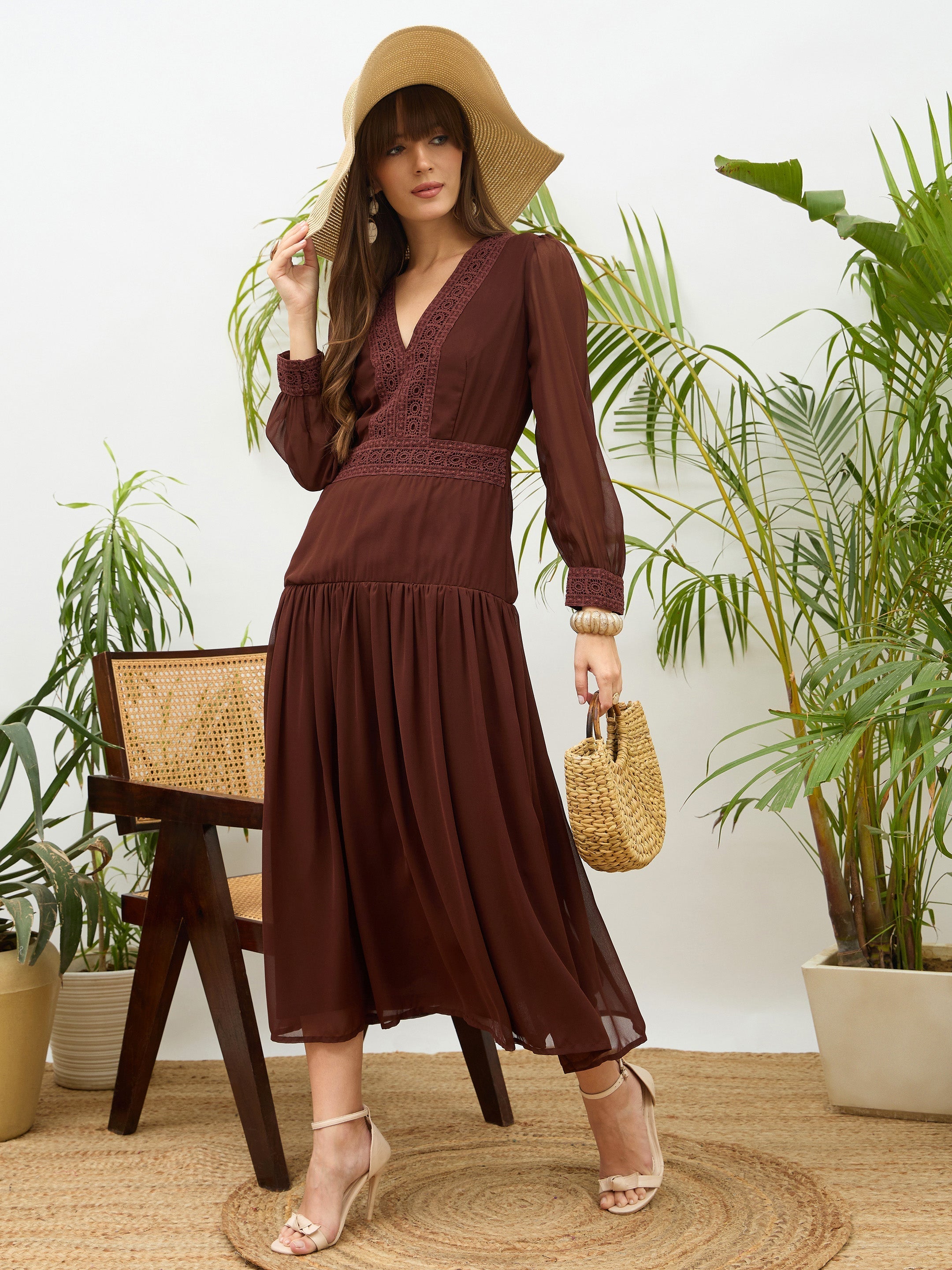 Women Dark Brown V-Neck Lace Detail Maxi Dress-SFDRSS13175