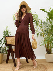 Women Dark Brown V-Neck Lace Detail Maxi Dress-SFDRSS13175