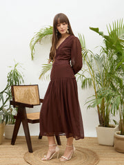 Women Dark Brown V-Neck Lace Detail Maxi Dress-SFDRSS13175