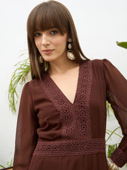 Women Dark Brown V-Neck Lace Detail Maxi Dress-SFDRSS13175