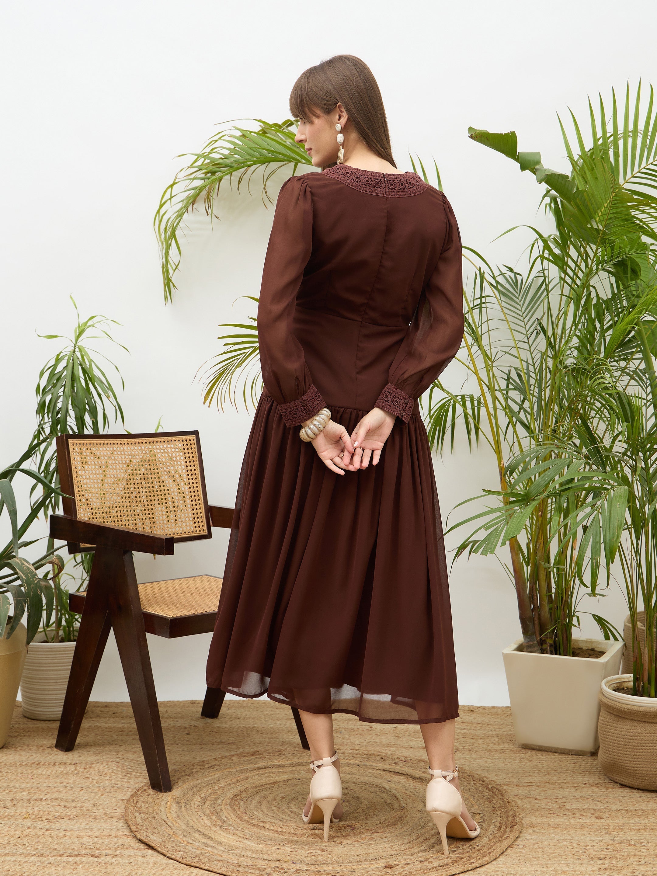 Women Dark Brown V-Neck Lace Detail Maxi Dress-SFDRSS13175