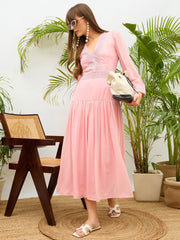 Women Light Pink V-Neck Lace Detail Maxi Dress-SFDRSS13176