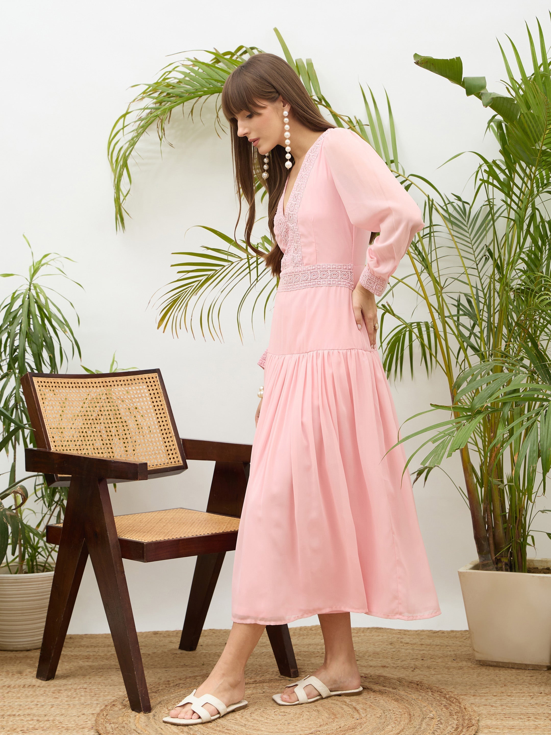 Women Light Pink V-Neck Lace Detail Maxi Dress-SFDRSS13176