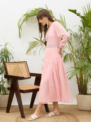 Women Light Pink V-Neck Lace Detail Maxi Dress-SFDRSS13176