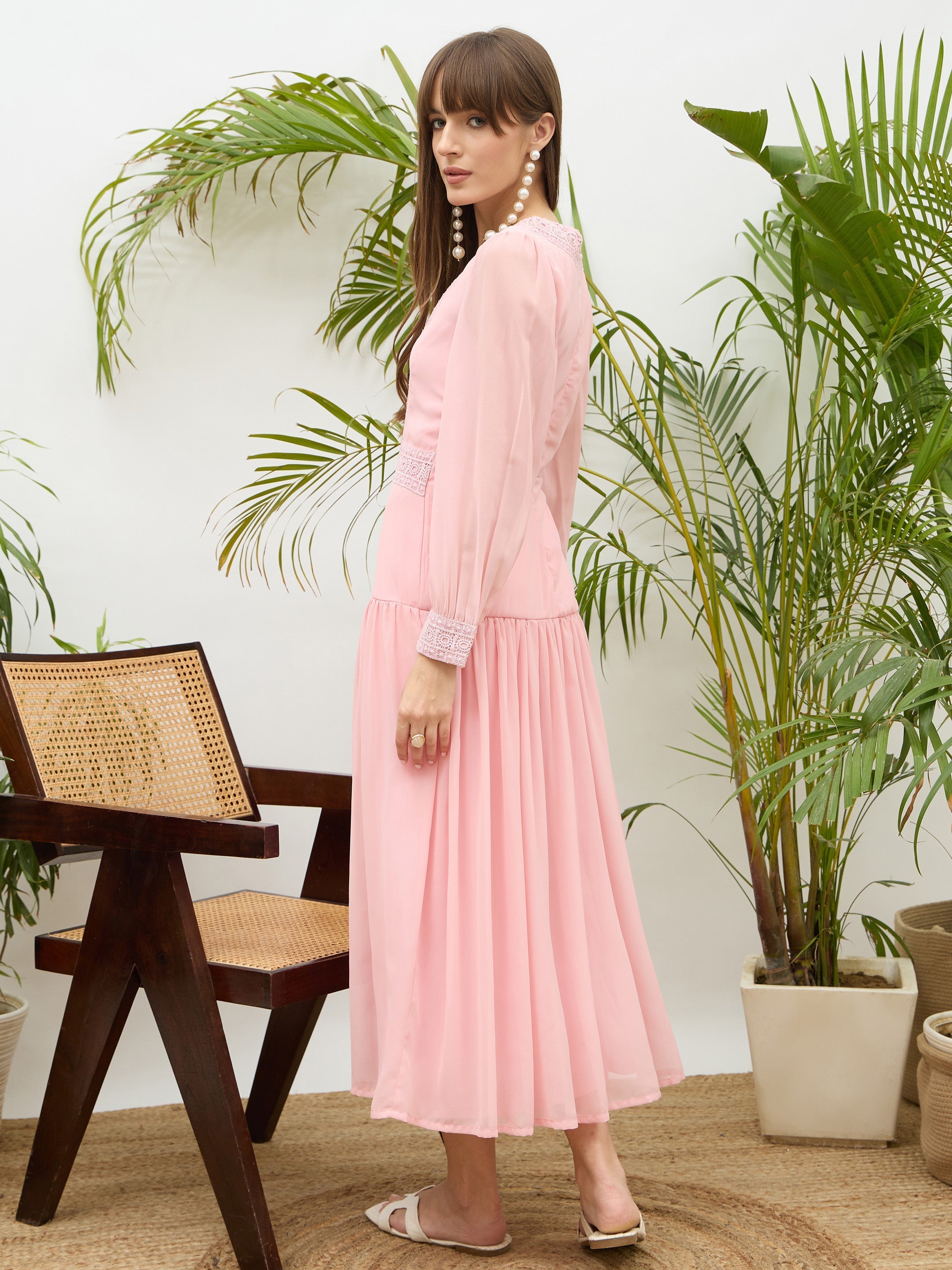 Women Light Pink V-Neck Lace Detail Maxi Dress-SFDRSS13176