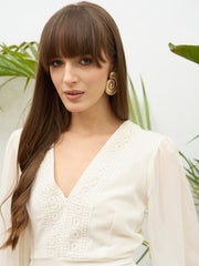 Women Off-White V-Neck Lace Detail Maxi Dress-SFDRSS13177