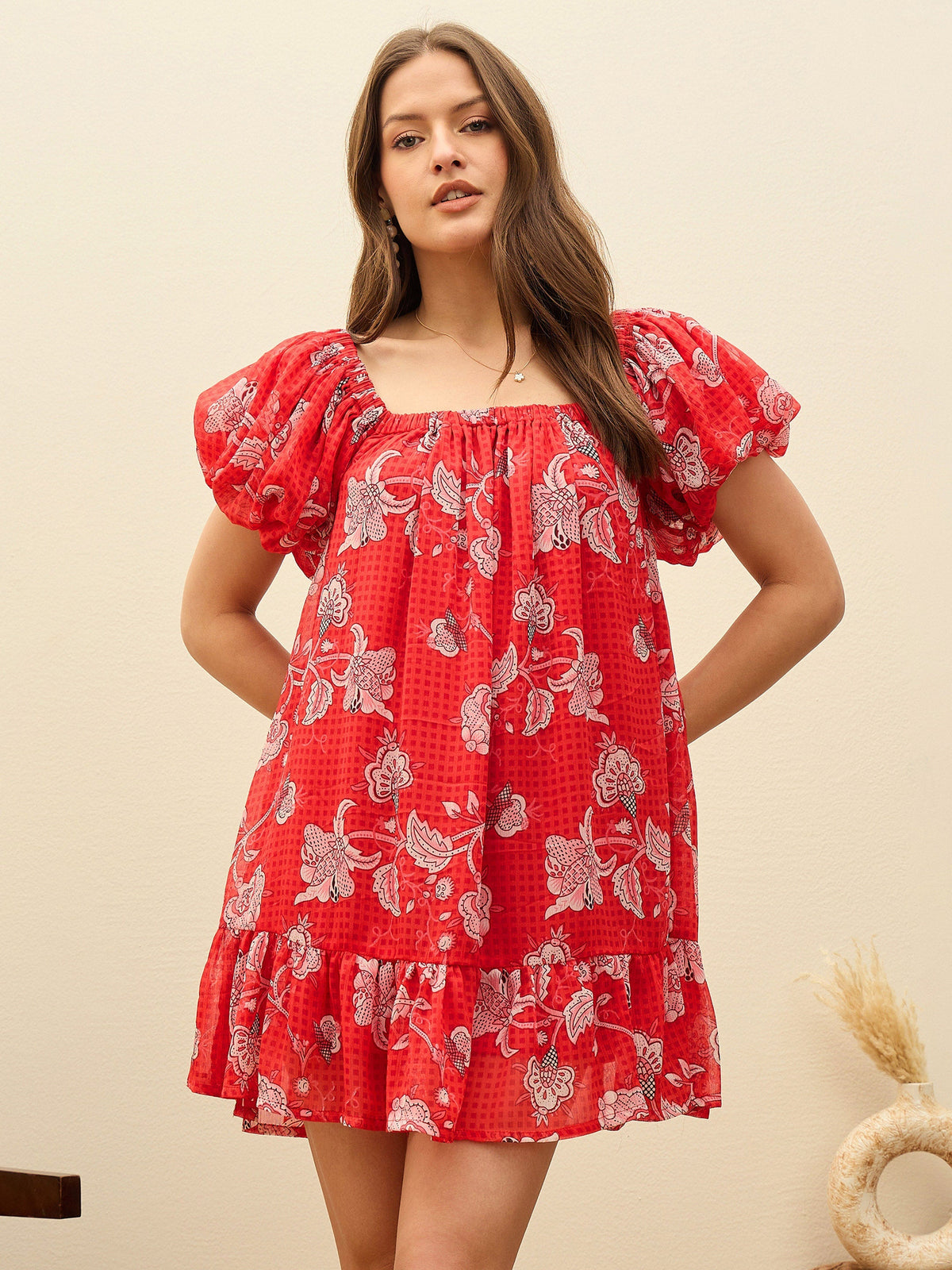 Women Red Floral Square Neck Balloon Sleeve Short Dress-SFDRSS13178
