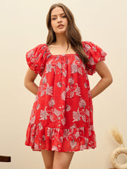 Women Red Floral Square Neck Balloon Sleeve Short Dress-SFDRSS13178