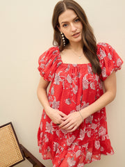Women Red Floral Square Neck Balloon Sleeve Short Dress-SFDRSS13178