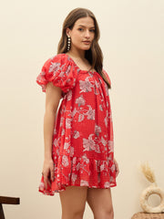Women Red Floral Square Neck Balloon Sleeve Short Dress-SFDRSS13178
