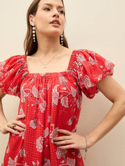 Women Red Floral Square Neck Balloon Sleeve Short Dress-SFDRSS13178