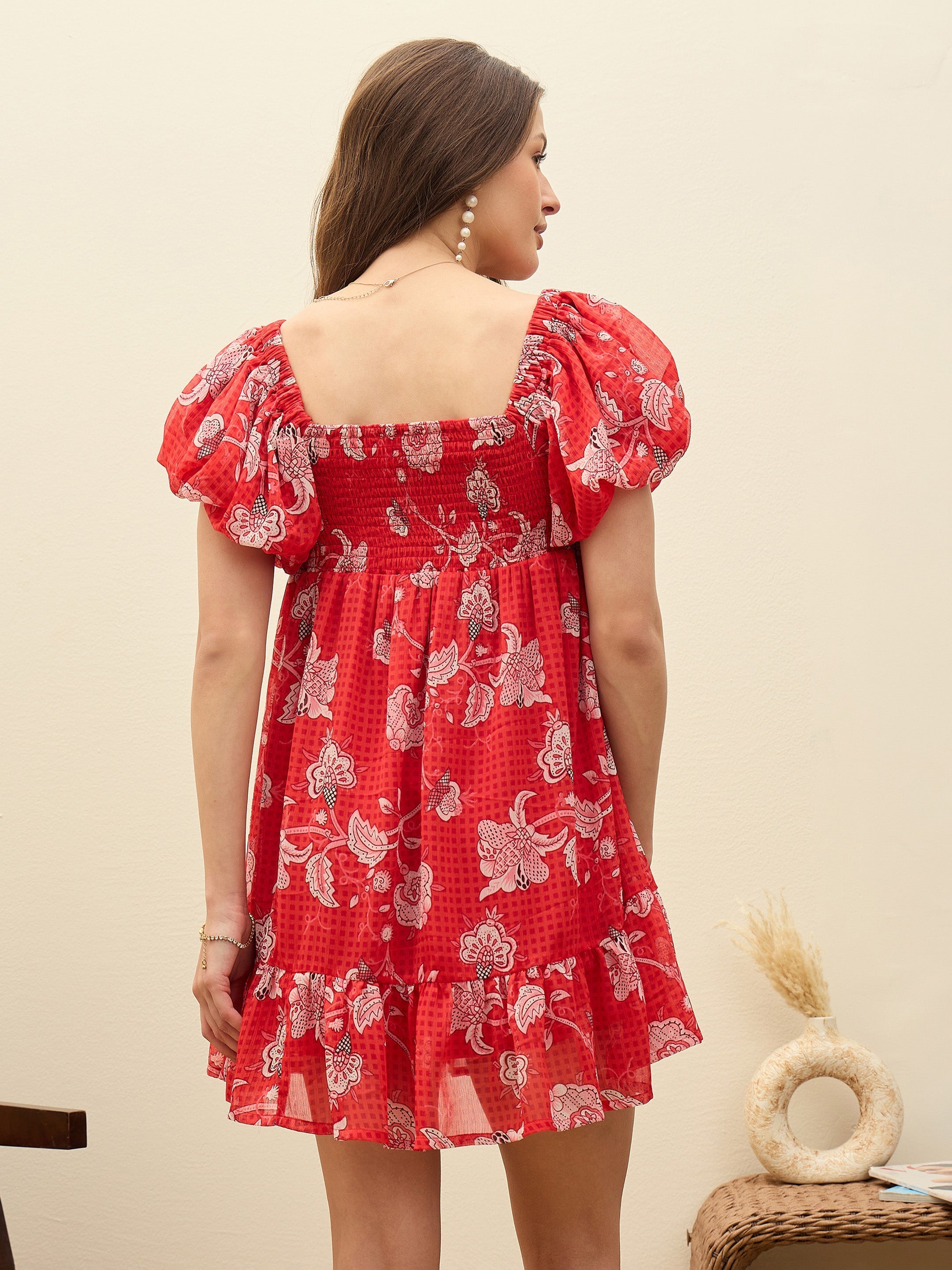 Women Red Floral Square Neck Balloon Sleeve Short Dress-SFDRSS13178